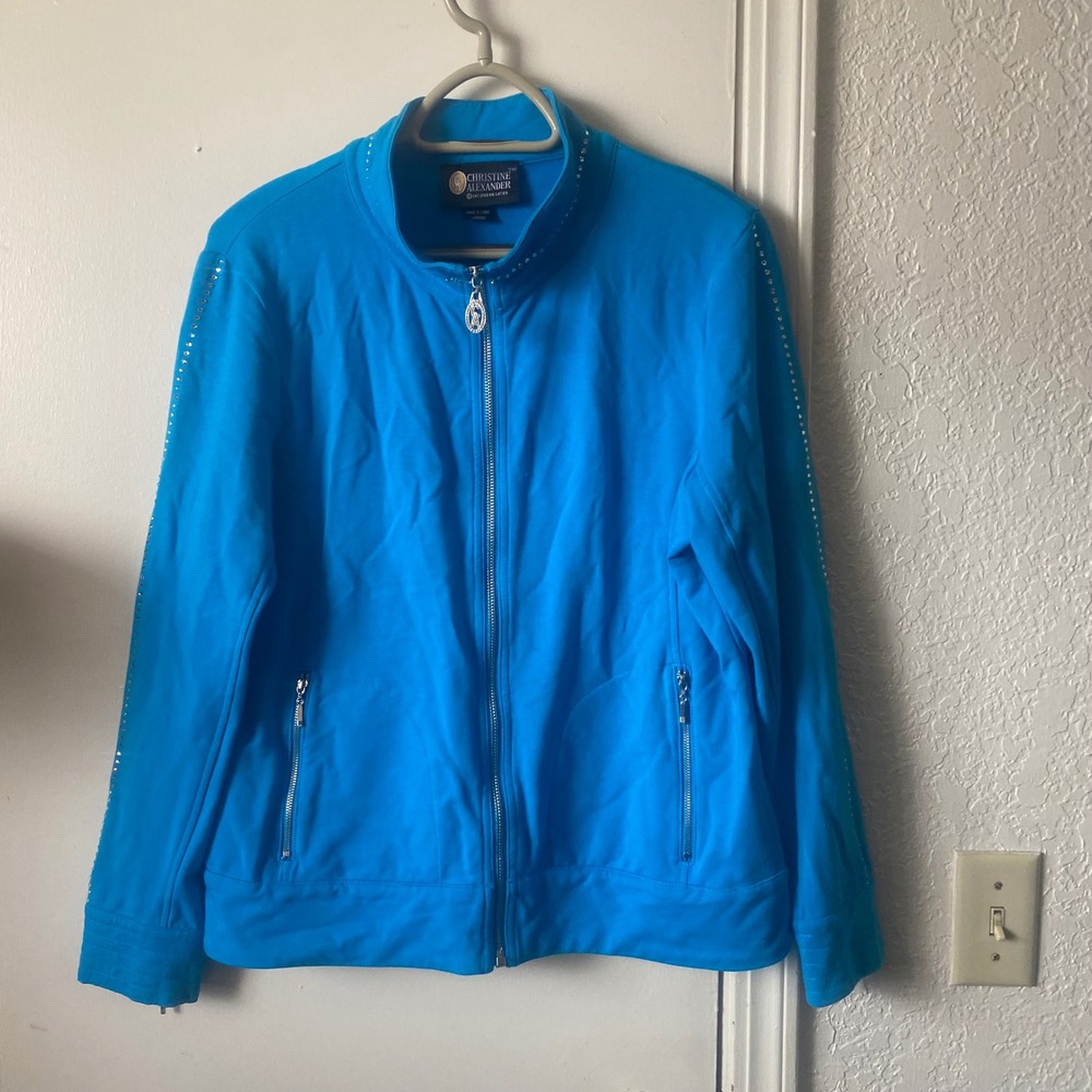 Christine Alexander Women Blue Rhinestone Mock Neck Zip Up Jacket Large
